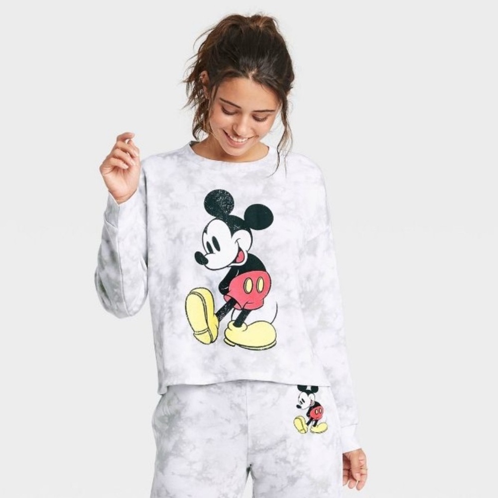 Disney Mickey Mouse Womens Size L Crewneck Sweatshirt Gray Tie Dye Distressed